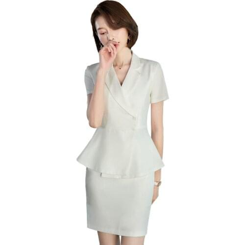 White Blazer Women Business Suits Skirt and Jacket Sets Office Ladies Work Wear Clothes Short Sleeve