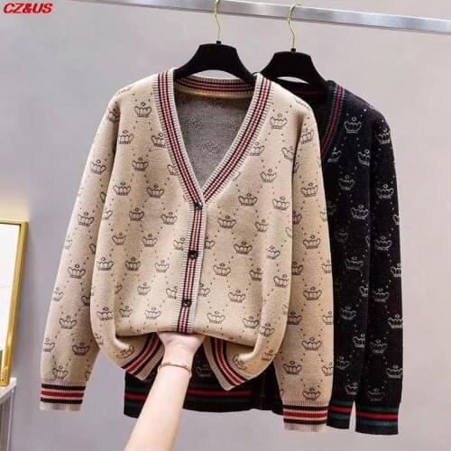 Women Knitted Cardigan 2021 Autumn Fashion V Neck Long Sleeve Cardigan Retro Style Crown Pattern Sweater Loose Casual Coat Thick