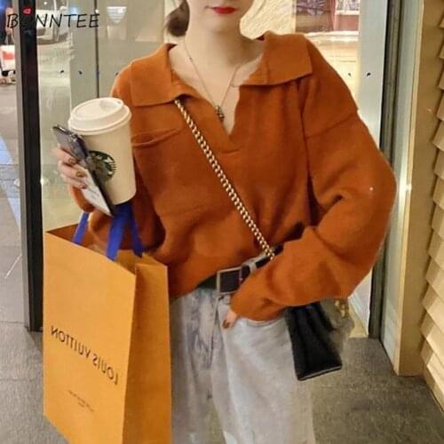 Sweater Women Vintage Knitted Autumn Pockets College Solid All-match Pullovers Ladies Newly Ins Simple Temperament Korean Style