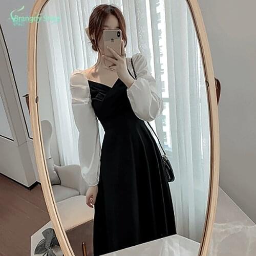 In 2021 Summer One Piece Vintage Elegantes Long Dress Cottagecore Splicing Long Sleeve Dress Aesthetic Sukienka Wholesale Clothi