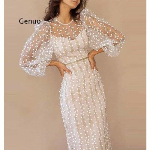 Embroidery Print Floral Mesh Womens Dress Long Sleeve O-neck Zipper Midi Dresses Female 2021 Summer Elegant Party Lady Vestidos