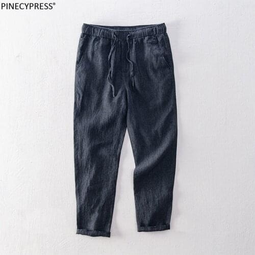 100% Linen Breathable Anti-static Anti-UV Quick Drying Flax Hemp Cool Spring Summer Man Trousers Ankle Length Men Casual Pants
