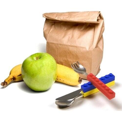 3pcs/set Stainless Steel Building blocks shape Knife Fork Spoon Set Baby Feeding Tableware Kids Toddler Dishes Creative kitchen