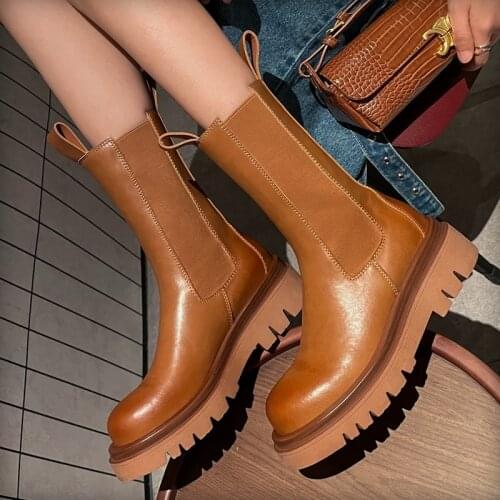 HOT Women Ankle Boots Natural Leather 22-24.5CM Cowhide upper Flat Heel Chelsea Boots Woman Shoes autumn and winter 4 colors