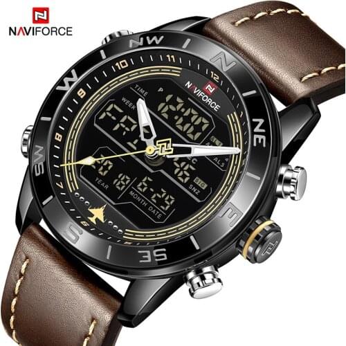 NAVIFORCE Men Quartz Watch Military Casual Leather Strap Waterproof Dual Time Led Digital Luminous Big Clock Wrist Watch Male