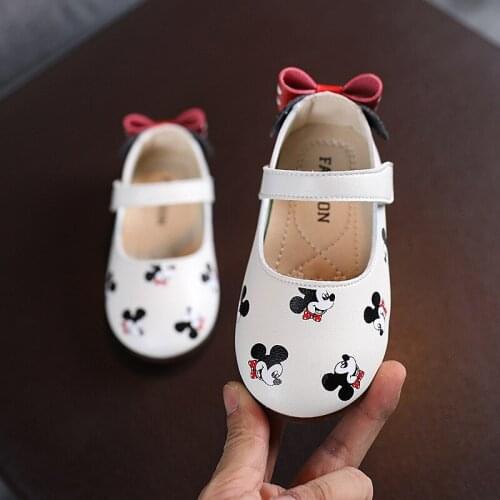 Disney Mickey Mouse Princess Kids Leather Shoes For Girls Bow Children Flat Heel Girls Single Shoes Butterfly Toddler Shoes