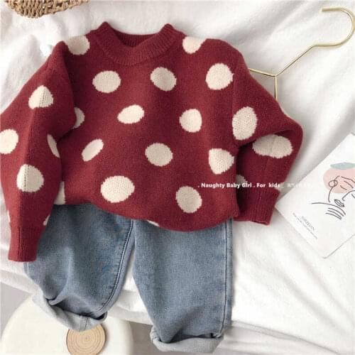 Autumn Winter New Kids Sweaters Korean Baby Girls Dots Pullover Sweater Casual Loose Thicken Warm Knitted Sweater For Girl 2-8 Y
