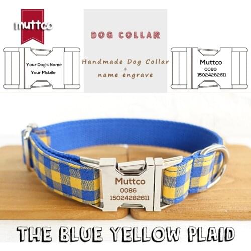 MUTTCO double cloth dog collar THE BLUE YELLOW PLAID anti-lost pet supplies engraved name phone number necklace 5 sizes UDC068