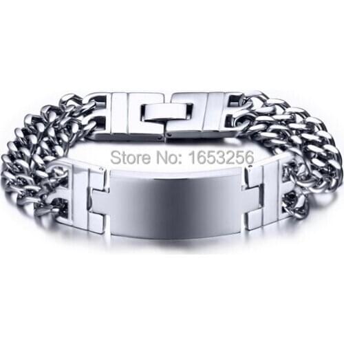 Mens Smooth Shiny ID Bracelet Stainless steel two Row Chain Link Bracelet jewelry 18mm 8.85'' Holiday Gifts