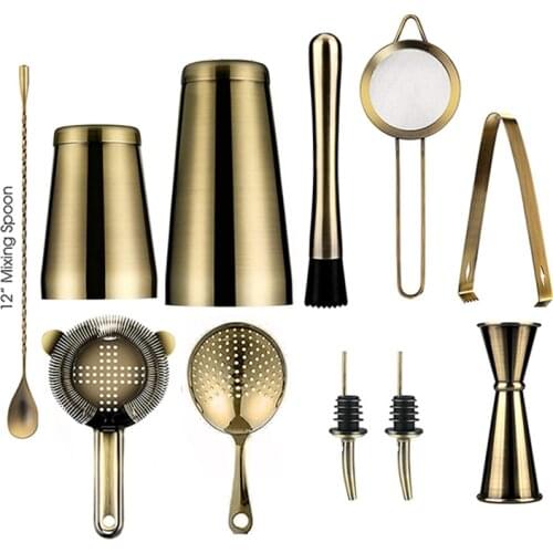 11-Piece Cocktail Shaker Bar Set: Weighted Boston Shakers,Cocktail Strainer Set,Jigger, Cocktail Muddler,Spoon, Ice Tong,Pourers