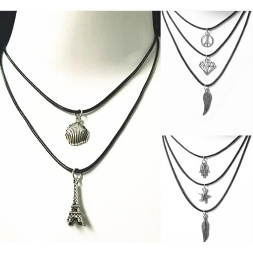 New Hot Fashion Tank Bone Bone Wax Rope Necklace Ladies Hot Torr Peace Wings Margaret Piece Pure Black Leather Necklace