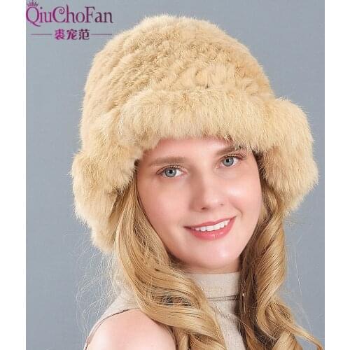 New Winter Luxury Women Flowers 100% Natural Rabbit Fur Hats Female Warm Knitting Real Rabbit Fur Caps Fur Beanies Hats