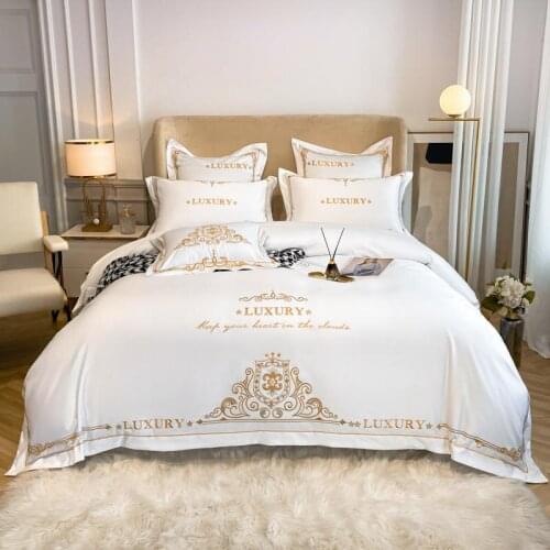 Luxury Gold Embroidery Washed Silk Cotton Satin Pure White Bedding Set Double Duvet Cover Set Bedspread Sheet Pillowcases