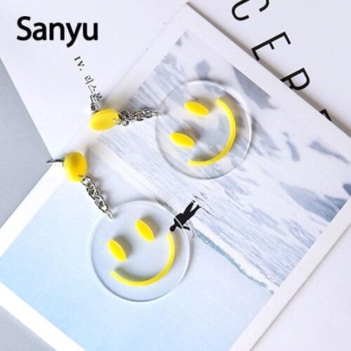 Big Circle Smiling Face Transparent Acrylic Drop Earrings for Women Girl Silver Color ChainTassel Unique Fashion Dangle Earrings
