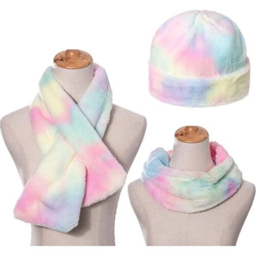 3 Pcs Women Men Colorful Tie Dye Print Beanie Hat with Scarf Set Thicken Fuzzy Plush Outdoor Windproof Ski Cuffed Skull Cap Neck
