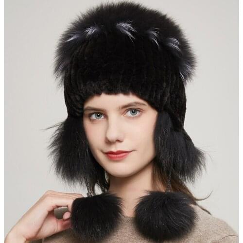 New Russian women real rabbit fur hat knitted stripe ladies 100% authentic rabbit fur beanie cap with fox pompon ear protection