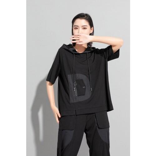 Street fashion brand personalized splicing loose large short sleeve hooded T-shirt 2021 summer new versatile casual top