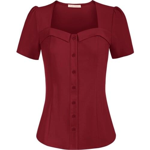 Belle Poque Women Sweetheart Neck Shirt Short Sleeve Curved Hem Button Placket Top Slim Retro Blouse Summer Lady Clothes New