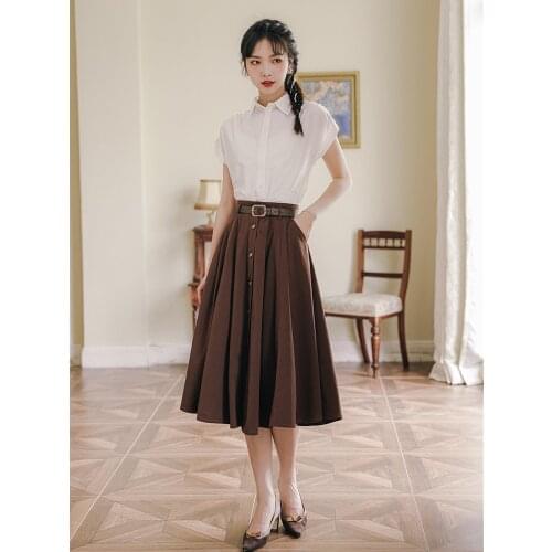 2021 Summer Shirt And Skirts Women Elegant White Short-Sleeved Top + Single-Breasted High-Waisted Skirt Two Piece Set