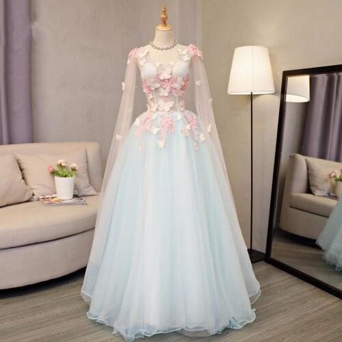 Pretty Sky Blue Butterfly Tulle Prom Dresses 2020 With Full Sleeves Floral Prom Gowns Plus Size Retro Formal Party Dress