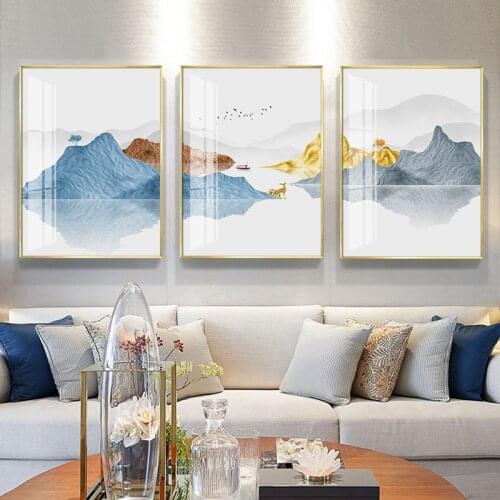 Spectacular Chinese style Golden landscape mountain deer Modern decorative Canvas Wall Art Poster for hotel room office decor