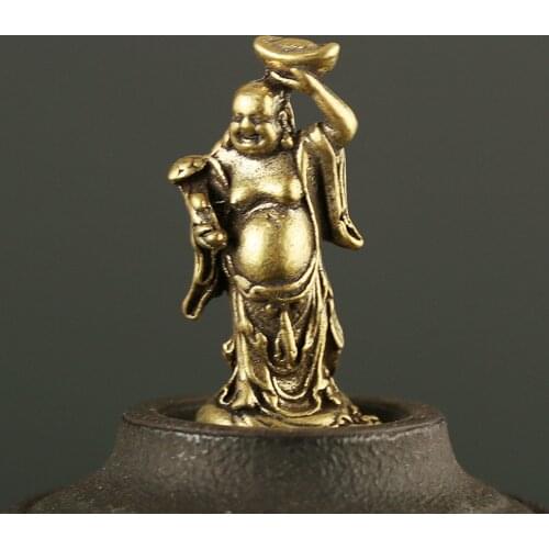 1 Pcs Mini Brass Buddha Statue Vintage Yuanbao Maitreya Ornament Figurine Keychain Portable Gift Home Decoration