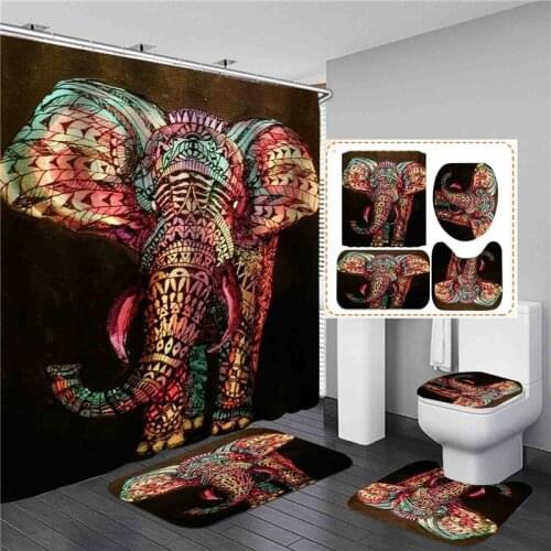 4PCS Watercolor Elephant Shower Curtain Set Bathing Mat Toilet Lid Cover Anti-slip Kitchen Carpet Flannel Rug Pad Home Decor