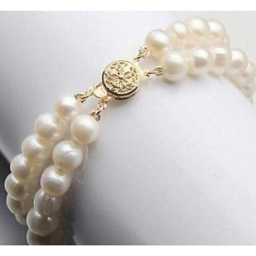 New hot Genuine 2Row 7-8mm White Akoya Cultured pearl Bracelet Bangle 7.5" AAA