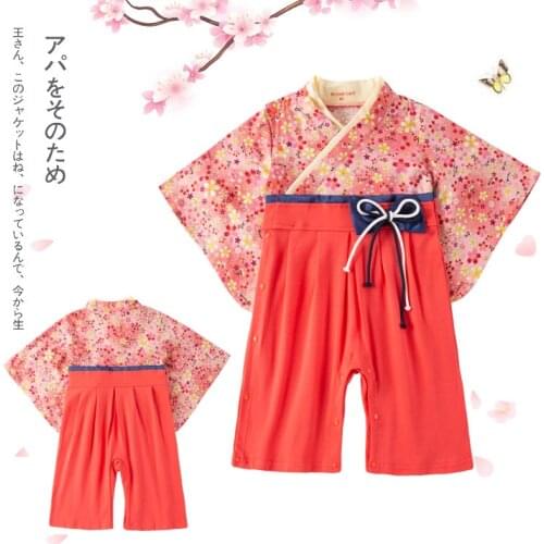Kids Japanese Kimono Style Baby Girls Clothes Toddler Infant Cotton Kimono Jumpsuit Clothes Costume Pink Red Patchwork Outfit