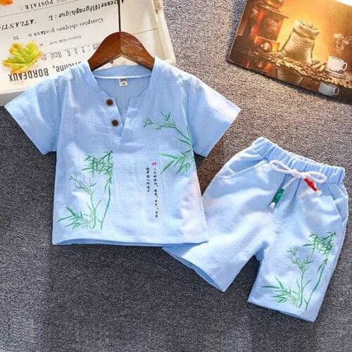 Kids Summer Pajamas Traditional Chinese Hanfu Short-sleeve T-shirt Pants Suit Cool Cloth 1-8 Years Kid Bamboo Embroidered Cloths