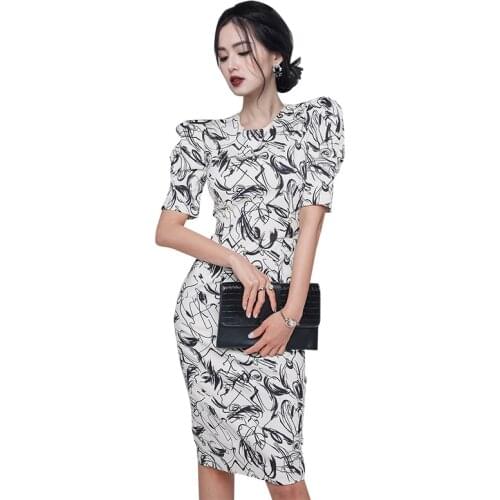 Elegant print tight one piece dress korean ladies Summer short Sleeve cabaret party bodycon office Dresses for women