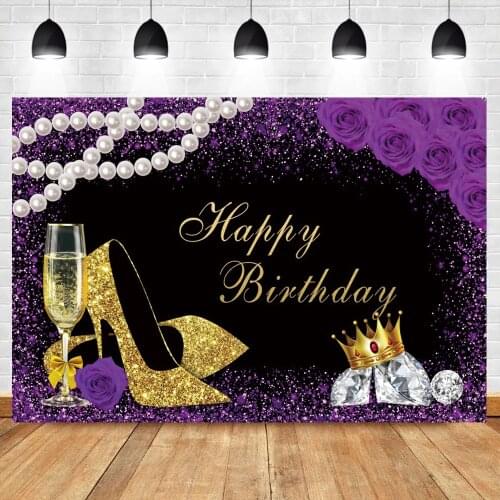 Elegant Lady Womens Birthday Party Backdrop Golden Gold High Heels Champagne Crown Diamond Rose Blue Polka Dots Photo Backdrop