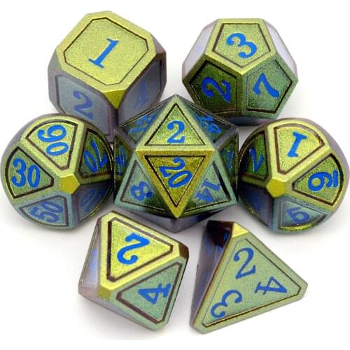 Haxtec Metal Dice Set Chameleon Color Changing DND Dice Polyhedral RPG Dice for D&D Pathfinder RPG Games-Gold Blue Shift