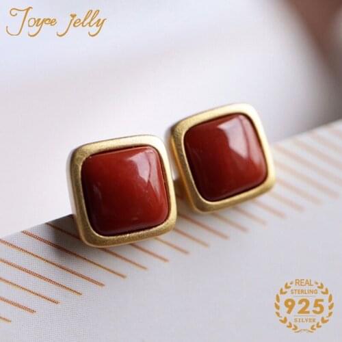 JoyceJelly Classic genuine 925 sterling silver Stud Earrings Square Shaped 8mm Red Agate for Women Fine jewelry Gifts Wholesale