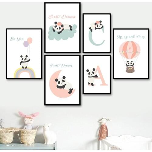 Canvas Painting Abstract Cartoon Panda Balloon Rainbow Letter Animal Vintage Wall Art Posters Prints Pictures Baby Room Decor
