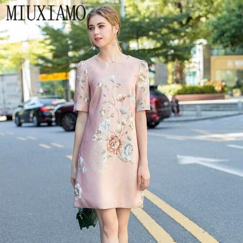 MIUXIMAO Luxurious 2020 Spring & Summer dress Party dress Flower Pink Slim Short Sleeve Office Lady Dress Women Vestidos
