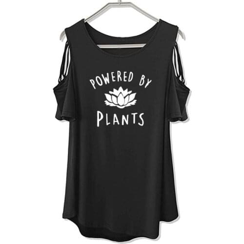 New 2020 Hot Selling Vegetarian Vegan POWERED BY PLANTS Fashion T Shirt for Women Off Shoulder Hollow Female T Shirt