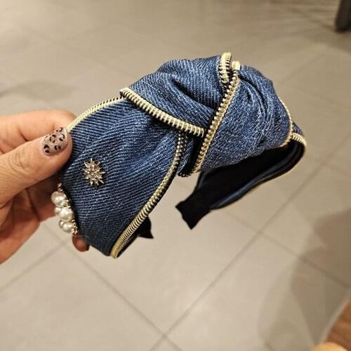 Zipper Denim Crystal Pearl Knot Hairbands For Women Headband Korea Hair Accessories Girls Hair Band Crown Headbands Head Wrap