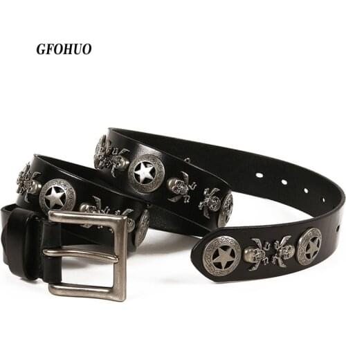 Punk Belts Skull Rivet Studded Belts for Men for Women Jeans Genuine Leather Belts with Pin Buckle High Quality Belts Cool