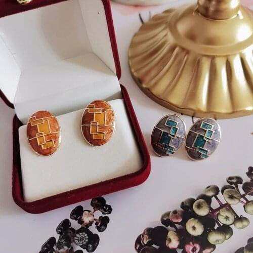 Oil Painting Earrings, Oval Shape Sweet Grid Enamel Bricons Earring New