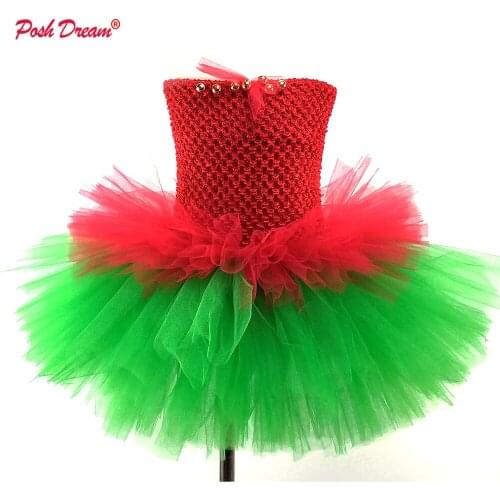 POSH DREAM 1-12 Year Children Girls Christmas Party Dresses Knee Length Red and Green Kids Girls Christmas Tutu Dresses