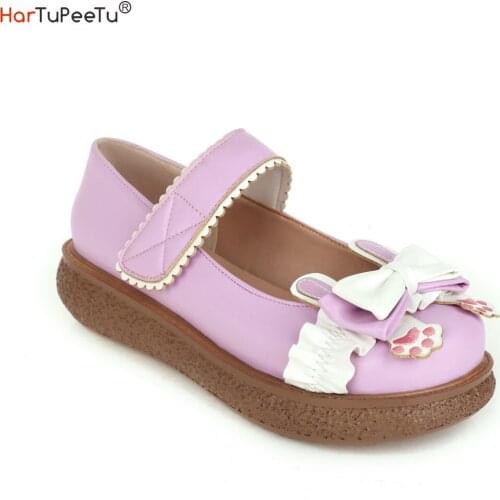 2021 New Spring Summer Women Purple Lolita Platform Girls PU Leather Mary Janes Shoes Bowknot Comfortable Cosplay Footwear