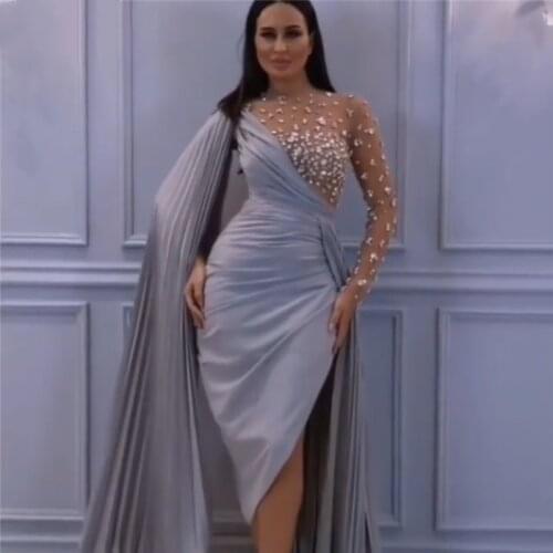 Dubai Evening Dresses O-Neck Long Sleeves Beaded Crystals Pleats Mermaid Cap Sleeves Prom Gown Silver Arabic Muslim Party Dress