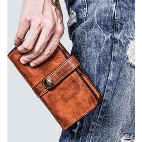 Vintage handmade leather long wallet, large-capacity multi-function wallet, trendy mens mobile phone bag