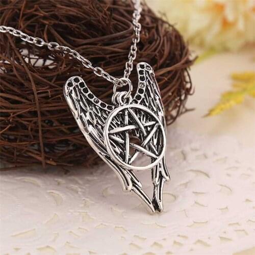 Supernatural necklace pentagram Pentacle Castiel angel wings vintage antique Alloy pendant jewelry for men and women wholesale