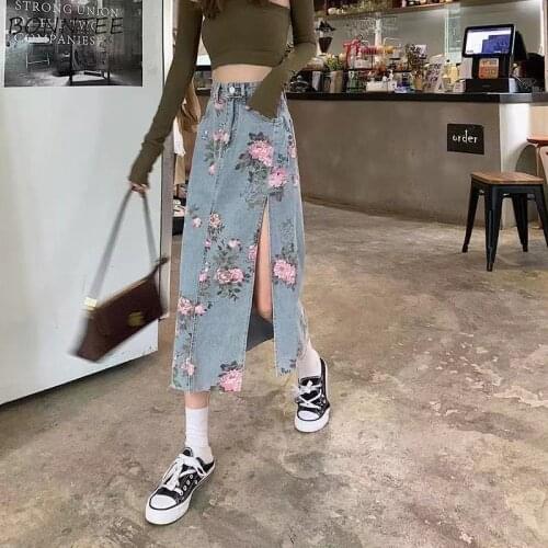 Skirts Women Floral Side-slit Design Streetwear Summer Female Clothing A-line Pockets Stylish Newest Chic Denim Tender Romantic