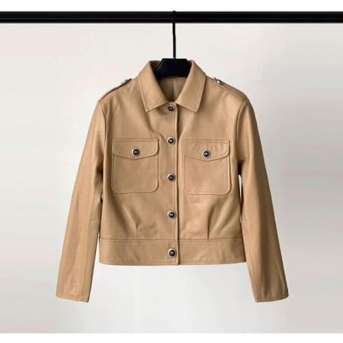 2021 Autumn New Leather Clothes Womens Short Work Clothes Leather Jacket Single Breasted Sheep Skin Locomotive Coat Fashion