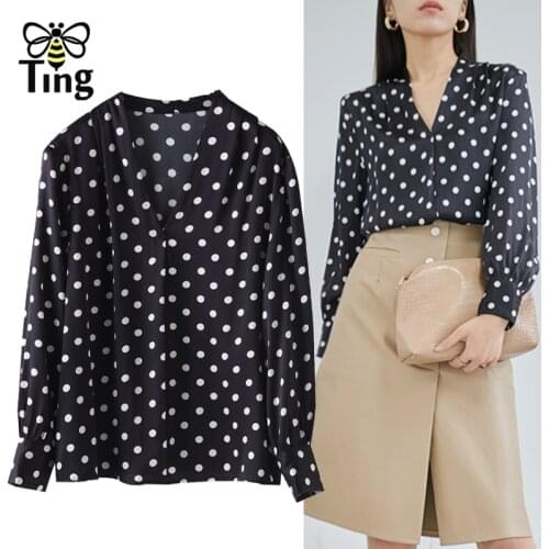 Tingfly Women Office Work V Neck Polka Dot Blouses Female Shirts for Work Long Sleeve Casual Streetwear Lady Autumn Spring Blusa