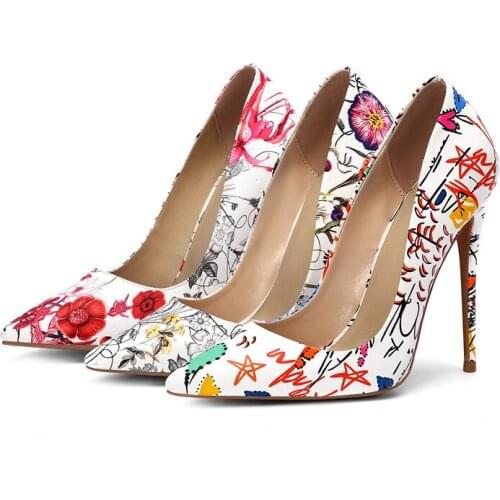 Size 43 44 45 12CM high heels female stiletto hand-painted pointed toe womens shoes graffiti single shoes wedding shoes party