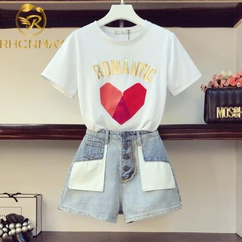 New Summer 2 Piece Set Women 3D Love Letters Printing T-shirts + Fake Pocket Short Jeans 2pcs Clothes Sets Casual Suits Outfits
